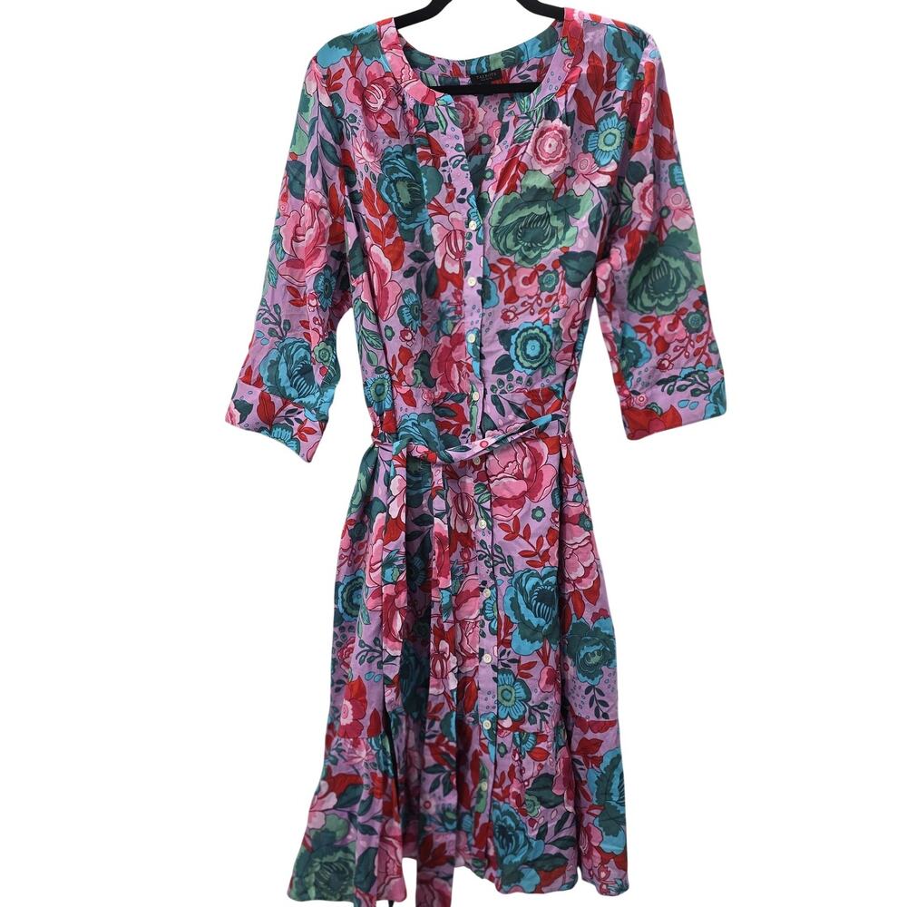Talbots Dress 18W Pink Floral Shirt Midi Belted Cotton Lined Plus Petite Bold